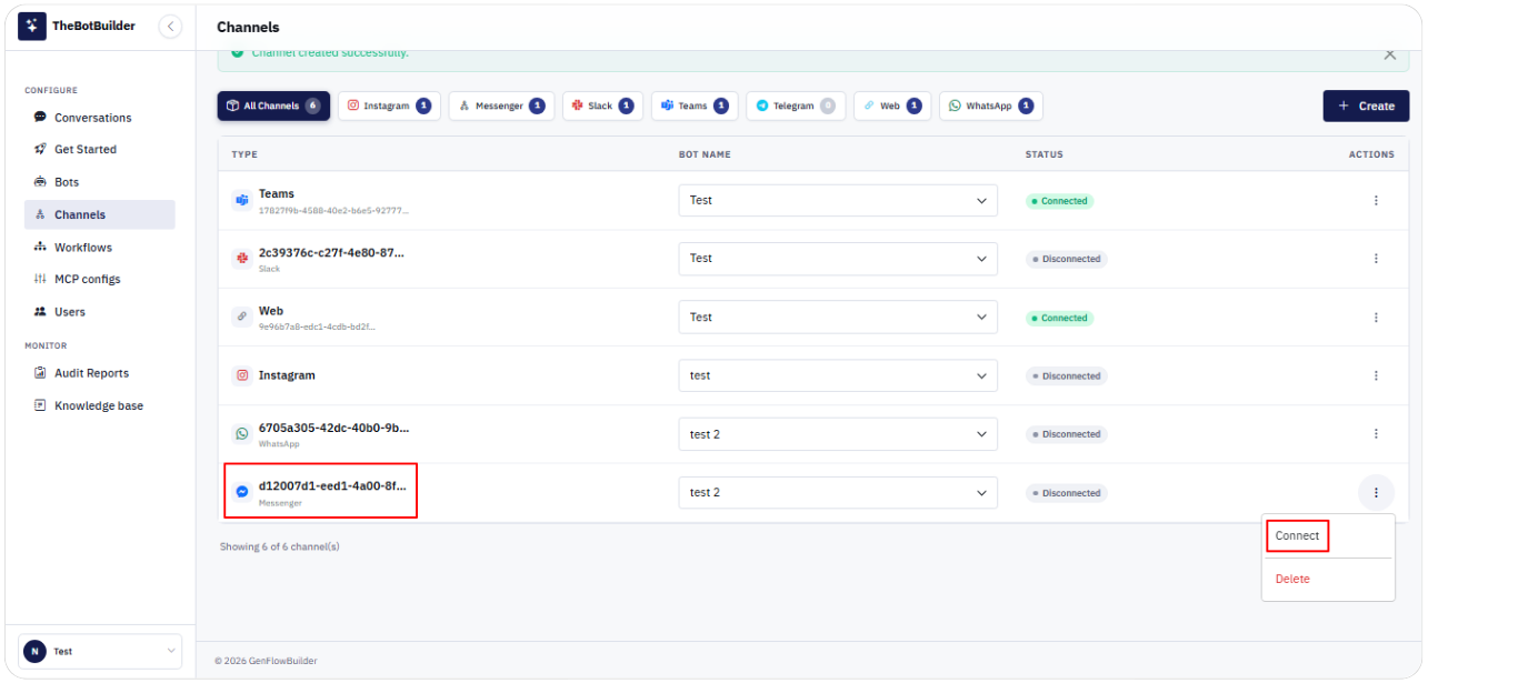 Facebook Messenger channel connect