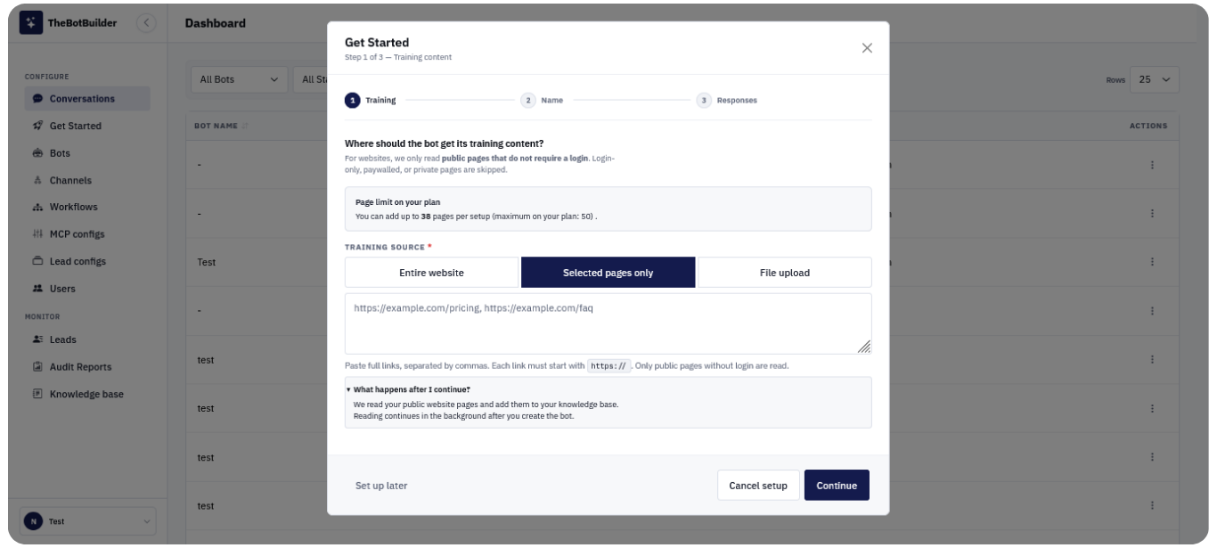 Train using selected website pages