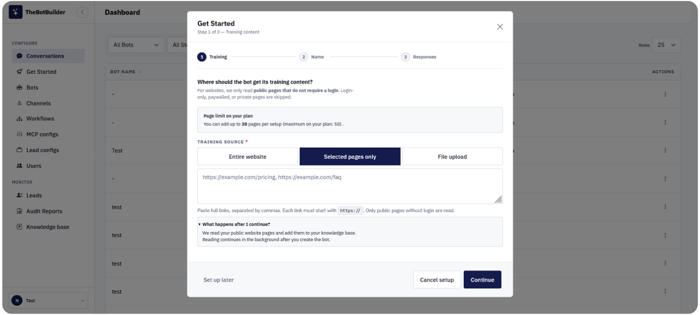 Train using selected website pages