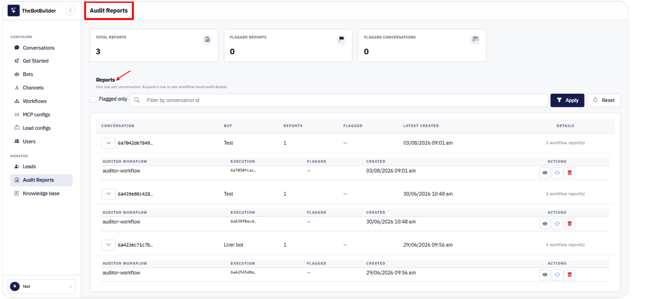 Viewing audit reports list
