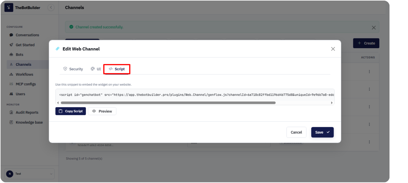 Web channel script tab