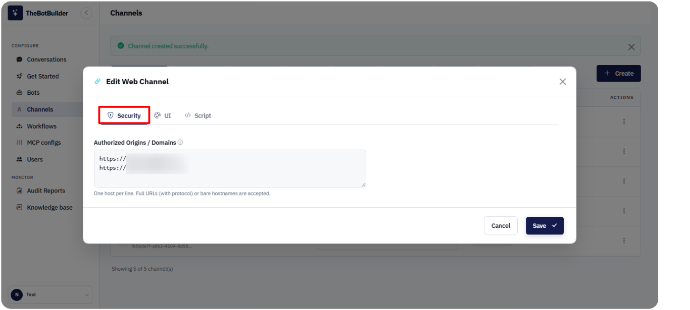 Web channel security tab