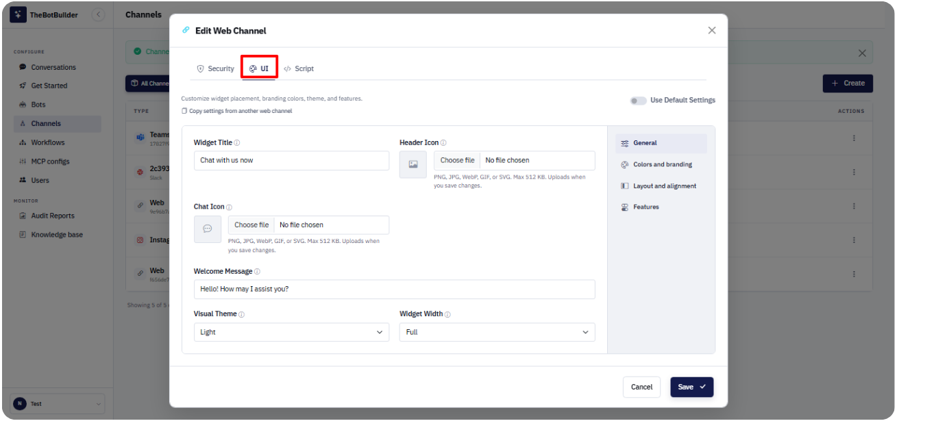 Web channel UI tab