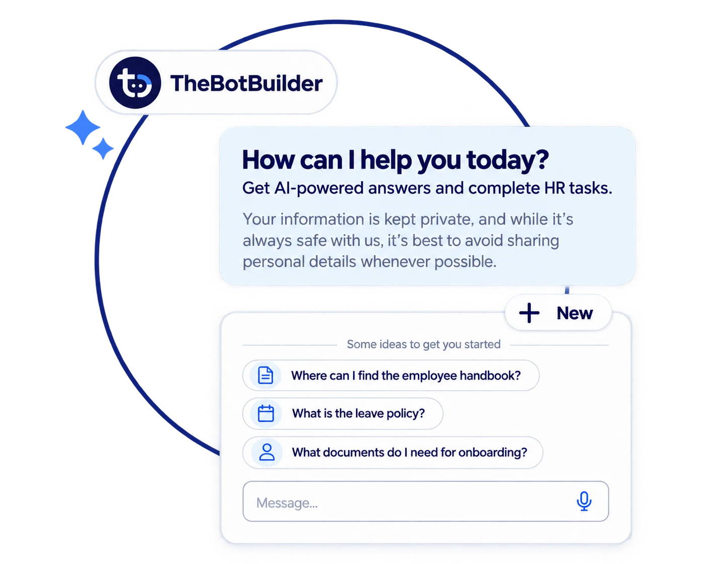 HR AI chatbot greeting employees and suggesting common HR questions